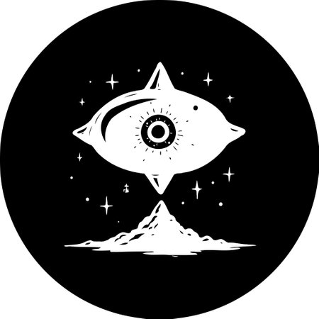 Monochrome depiction of a celestial eye hovering over a mountain, surrounded by stars, embodying a dreamlike state. Evokes a mystical sense of connection between the earthly and divine realms.のイラスト素材