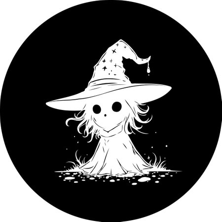 Whimsical monochrome illustration featuring a stylized wizard with a starry hat. The design offers a cute, enchanting aesthetic, perfect for mystical projects.のイラスト素材