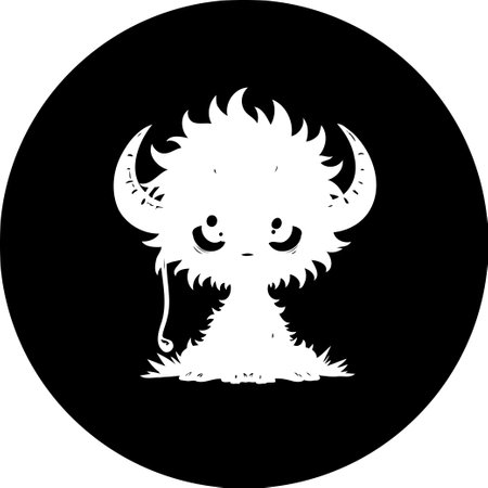 A whimsical monochrome illustration depicts a horned creature silhouette on a black circle. The cute cartoon monster graphic is perfect for avatars or playful designs.のイラスト素材