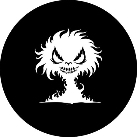 An stylized angry white monster with jagged teeth and glowing eyes. Illustration concept for dark fantasy, Halloween or horror graphics. Spooky design artwork for prints.のイラスト素材