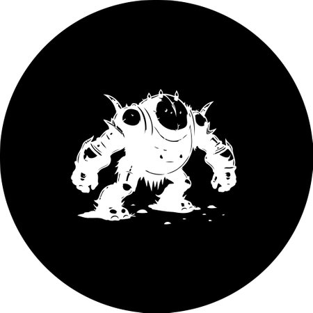 A stylized graphic of an armored fantastical creature, presented as a silhouette in white against a circular black background. The design is reminiscent of a strong, fictional defender character.のイラスト素材