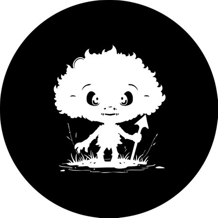A whimsical monochrome graphic illustration depicts a creature of the forest, possibly an imp, goblin or gremlin, in a curious and whimsical style, set within a dark monochrome background.のイラスト素材