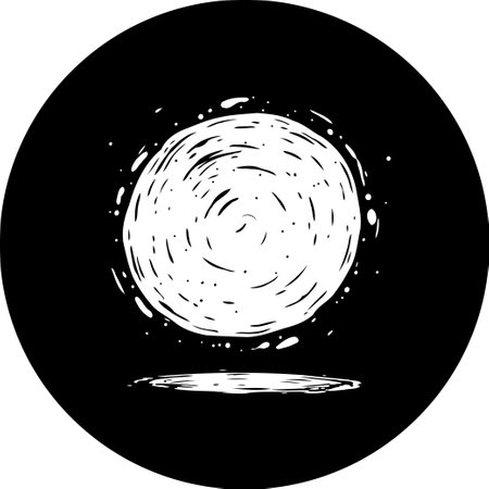 A minimalist black and white illustration shows a stylized orb seemingly floating above a ground plane, conveyed through expressive and sketchy linework.のイラスト素材