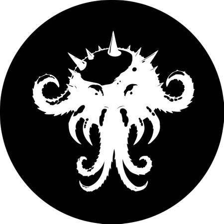Monochrome graphic illustration featuring a stylized cephalopod-like creature. The design is abstract with tentacles and spikes. It has an otherworldly look, that could evoke feelings of mystery.のイラスト素材