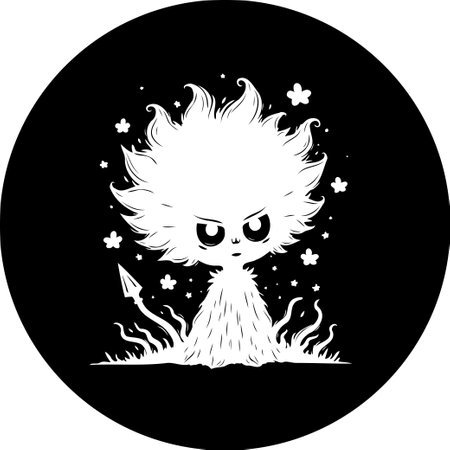 Monochrome artwork featuring a stylized whimsical character with an expressive face in a fantasy setting. The design exudes cuteness with abstract and decorative elements, perfect for graphic design.のイラスト素材