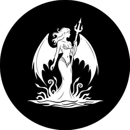 Elegant monochrome depiction of a winged mythological woman rising from stylized waters. She confidently holds a trident, embodying power and grace in this symbolic art illustration.のイラスト素材