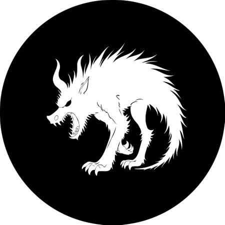 A stylized illustration shows a mythical beast in white against a solid black circle. The creature has sharp teeth, claws and horns, giving it a threatening demeanor.のイラスト素材