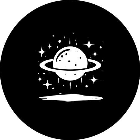 A stylized illustration captures a serene planet encircled by rings, illuminated by distant stars. This minimalist design evokes a sense of cosmic wonder and the mysteries of the space.のイラスト素材