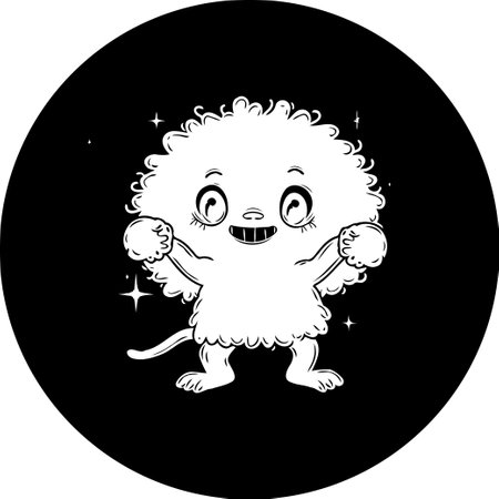 A black and white illustration showcases a cheerful, cartoon-like monster with fluffy fur. Its playful expression and whimsical design evoke a sense of childlike joy and lighthearted fantasy.のイラスト素材
