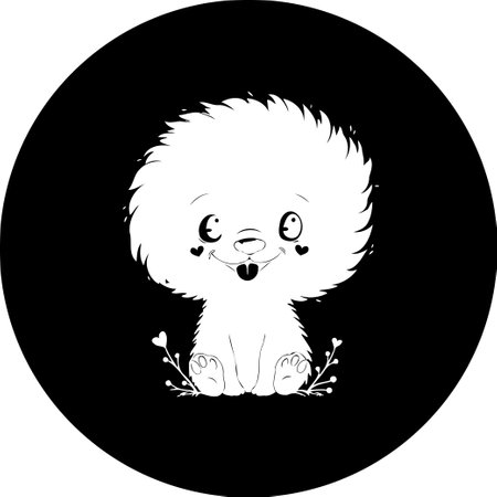 This charming black and white illustration features a fluffy, whimsical creature. Its cheerful expression and playful pose bring a touch of lightheartedness, perfect for a variety of creative projects.のイラスト素材