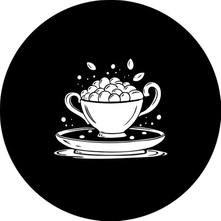 A stylized monochrome illustration of a cup with rising bubbles, suggesting a refreshing or caffeinated beverage, set against a dark background. The minimal design emphasizes elegance.のイラスト素材