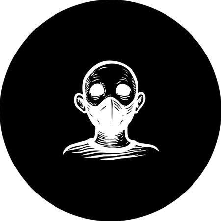 An illustrative image displaying a masked figure in monochrome, encased within a solid black circle, evokes themes of protection and identity.のイラスト素材