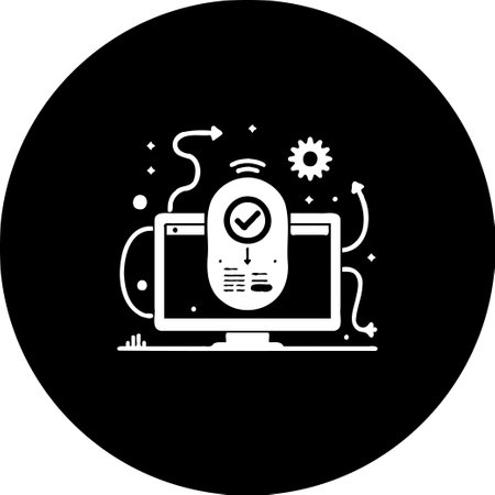 Black and white illustration depicts digital validation process. Display shows an integrated process of successful data transmission and communication using a checkmark, modern design interface.のイラスト素材