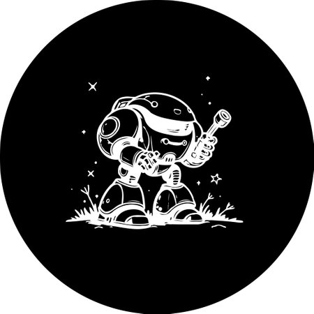 A playful monochrome illustration features a robot mechanic holding a wrench. Set against a black background, this charming design suggests futuristic concepts, automation, and the blend of technology with everyday services.のイラスト素材