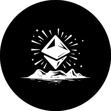 An abstract symbol of blockchain technology, depicted as an emblem radiating light over mountains, represents the future of digital currency and secure transactions.のイラスト素材