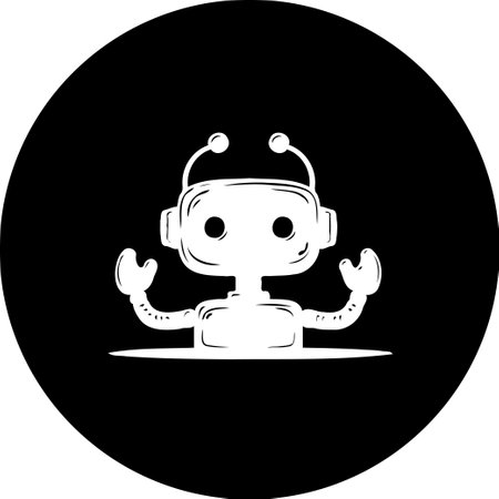 A clean, minimalist illustration of a stylized robot presented in a striking black and white design. The robot is a symbolic representation of automation and technology, perfect for modern digital media or design projects.のイラスト素材