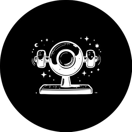 A stylized monochrome image depicts a vintage microphone, surrounded by stars and moon, creating a retro, cosmic atmosphere suitable for audio or music themes.のイラスト素材