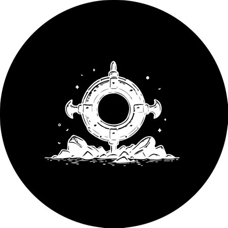 A monochrome illustration depicts a mysterious celestial artifact placed on a rocky landscape. The composition evokes themes of space exploration, spiritual inquiry, and the unknown mysteries of the universe.のイラスト素材