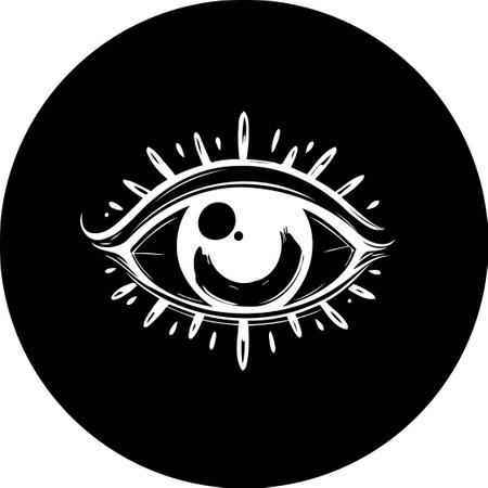 A striking illustration showcases a stylized eye symbol within a black circle, radiating a sense of mystery and otherworldly awareness. Represents intuition, vision, and the unseen realms.のイラスト素材