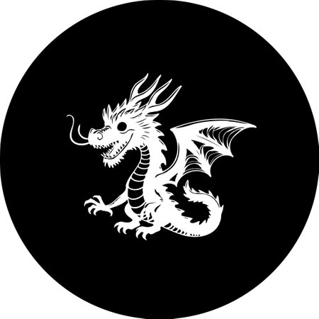 A stylized illustration of a dragon is centrally positioned within a dark circular frame, conveying a sense of fable. The simplified black and white design contributes to its striking visual appeal, ideal for diverse creative applications.のイラスト素材