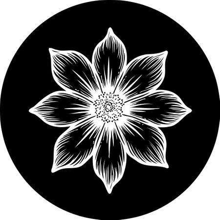 Stylized flower blossom, rendered in monochrome, offers timeless elegance. Ideal for branding, decoration, and creative design, providing a versatile emblem with sophisticated simplicity.のイラスト素材