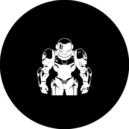 A stylized, silhouetted figure of an astronaut or robot in protective suit, centralized within a bold, black circular frame. A modern and minimalist representation of space exploration or technological advancement.のイラスト素材