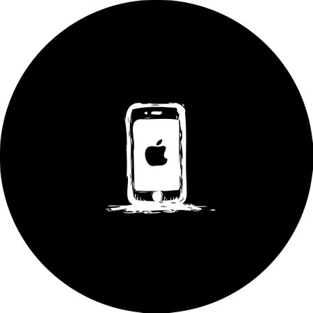 A monochromatic stylistic illustration showing a mobile phone with an identifiable brand mark on a circular solid dark background. It represents digital communication and modern technology.のイラスト素材