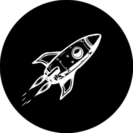A stylized monochrome drawing of a rocket soaring upwards, symbolizing space travel, aspiration, and innovative projects, ideal for conveying concepts of ambition and future endeavors.のイラスト素材
