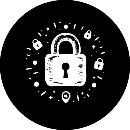 A hand-drawn style illustration showcases a sturdy padlock within a black circle. Dotted accents and sparkles encircle the lock, enhancing the design's vintage-inspired, secure aesthetic, suitable for various digital applications.のイラスト素材