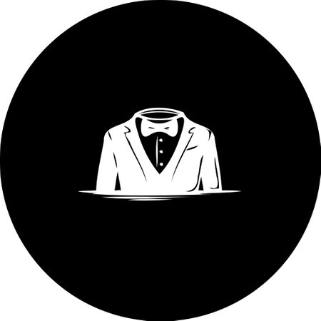 A stark image featuring a white tuxedo silhouette with a bowtie on a solid black circular background. Symbolizes elegance and formal events, suitable for invitations or design elements.のイラスト素材