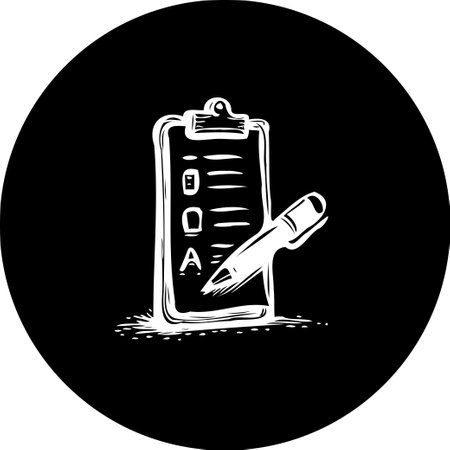 A simplistic illustration of a clipboard with a pencil, depicted in white against a black circular backdrop. Suitable for various usages, form or information.のイラスト素材