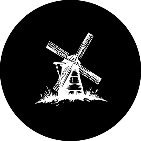 A minimalist depiction of a white windmill silhouette on a solid black circular background. The image is an aesthetic and iconic representation of rural landscapes.のイラスト素材