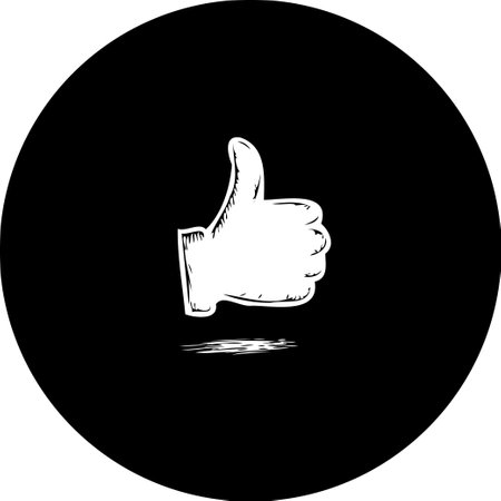 A simple hand-drawn illustration features a thumbs-up gesture, rendered in white, centered on a solid black circular background, suggesting approval and positive reinforcement.のイラスト素材