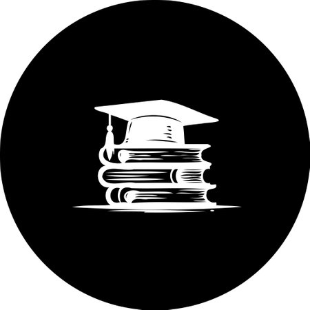 A stylized illustration features a stack of books with a graduation cap on top, set against a solid black background. The design evokes themes of education, achievement, and academic pursuit.のイラスト素材