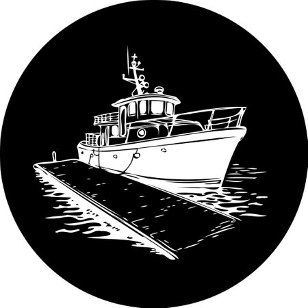 A simple monochrome illustration depicts a boat moored to a platform. The image emphasizes the contrast and design, ideal for nautical themes.のイラスト素材