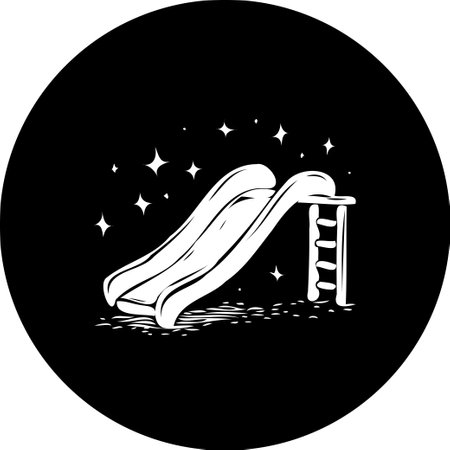 A whimsical monochrome illustration depicts a playground slide under a sparkling starry night sky. Evokes feelings of carefree childhood joy and magical outdoor adventures.のイラスト素材