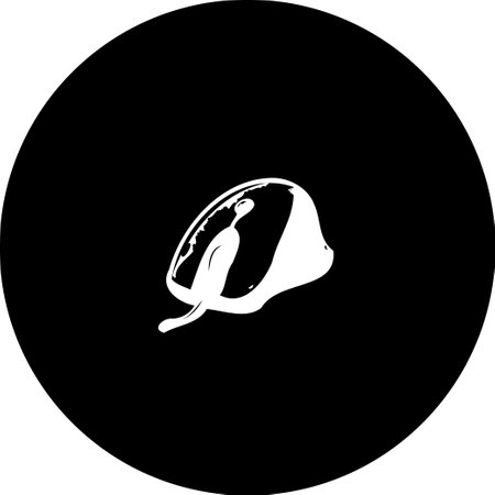 A stylized monochrome graphic showcases an abstracted bird-like figure enclosed within a circular shape, offering a minimalist aesthetic ideal for diverse design applications.のイラスト素材