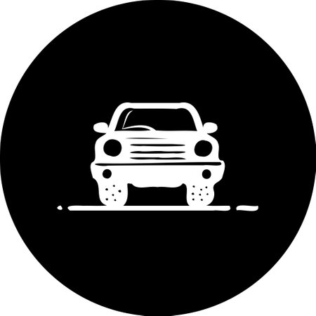 A simple yet stylish minimalist illustration of a car. Presented in a black circle, this front view icon conveys the essence of transport and automotive design.のイラスト素材