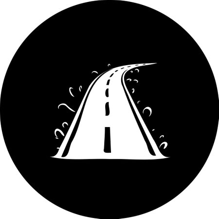 A stylized graphic illustration of a road curving into the distance, depicted in white against a black circular background. Evokes a sense of journey, adventure, and direction.のイラスト素材