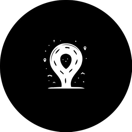 Stylized location pin icon displayed centrally within a black circular frame, illustrating mapping technology or travel applications. Representing destination or point location.のイラスト素材