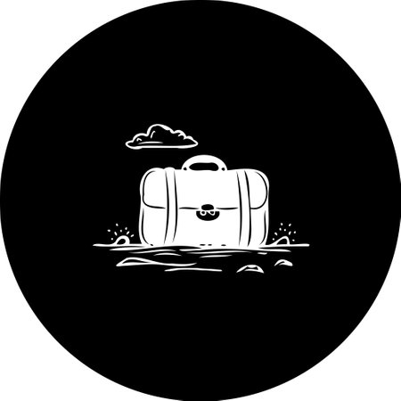 A simple black and white graphic illustration featuring a suitcase. Stylized clouds and water surround it, creating a dreamy travel theme.のイラスト素材