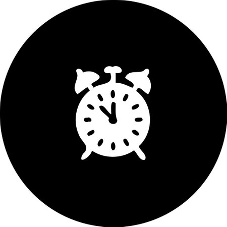 Alarm clock icon on black background, representing time, reminders, and schedules. This simple and minimalist design is perfect for illustrating urgency, deadlines, or time management.のイラスト素材