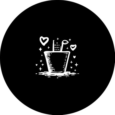 A minimalist graphic features a bucket-like container surrounded by hearts and star-like sparkles, creating a whimsical and romantic illustration in monochrome.のイラスト素材