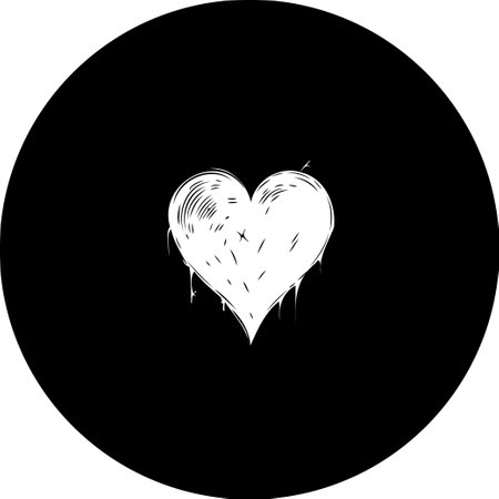 An artistic rendition of a heart, presented in white against a contrasting black circular backdrop, showcasing a symbolic, minimalist aesthetic and evoking emotions of love and passion.のイラスト素材