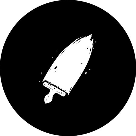 A high-contrast image presents a stylized knife emblem within a black circle. The knife, rendered in white with a grunge texture, showcases a blend of culinary precision and artistic flair.のイラスト素材