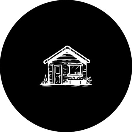 A minimalist illustration showcases a solitary cabin, rendered in monochrome. The house stands centered within a black circular frame, creating a clean and bold aesthetic.のイラスト素材
