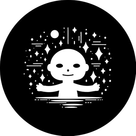 A stylized illustration of a child surrounded by stars and celestial elements against a black backdrop. The overall impression is one of serenity, wonder, and connection to the universe.のイラスト素材
