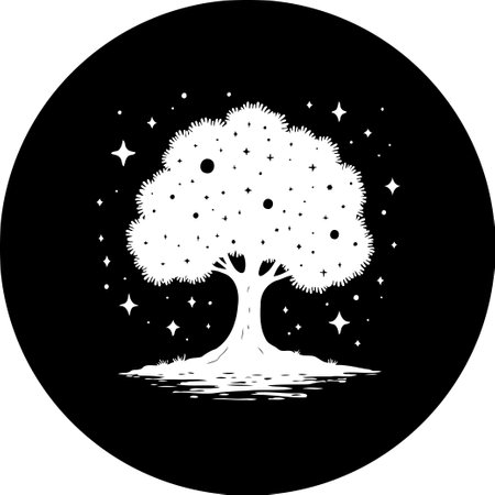 A captivating silhouette of a tree against a starry black background evokes a sense of magic and wonder. This artistic rendering conveys tranquility and beauty.のイラスト素材