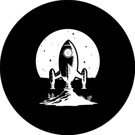 A stylized black and white illustration presents a rocket launching from a ground, set against a backdrop of a shining moon and twinkling stars, evoking a sense of adventure and exploration.のイラスト素材