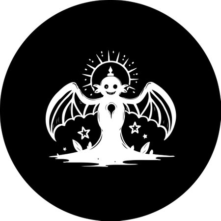 A spectral guardian stands out against the darkness, radiating a soft ethereal glow. Winged and crowned, it appears to oversee a realm of stars and mystical essence.のイラスト素材